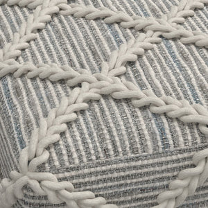 English Elm Cowan Handcrafted Square Pouf in Blue and Natural Woven Wool-Cotton with Diamond Stitching, Supportive Seat (20") Gray B136P159313