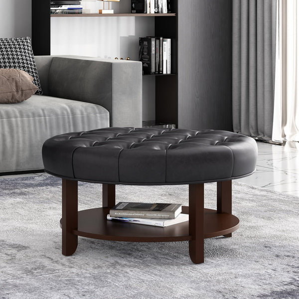 English Elm Round Tufted Pu Leather Ottoman with Open Shelf Storage for Living Room Black 71589.00