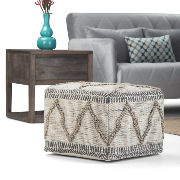 English Elm Sweeney Handloom Square Pouf in Grey & Natural Woven Wool-Cotton, Supportive Footstool Accent (18") B136P159325