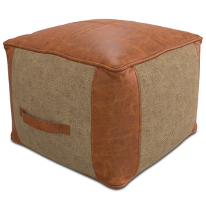 English Elm Atkinson Round Pouf Ottoman in Tan Leather & Jute — Top-Grain Buffalo Leather, Supportive Bead Fill, 18" B136P159346