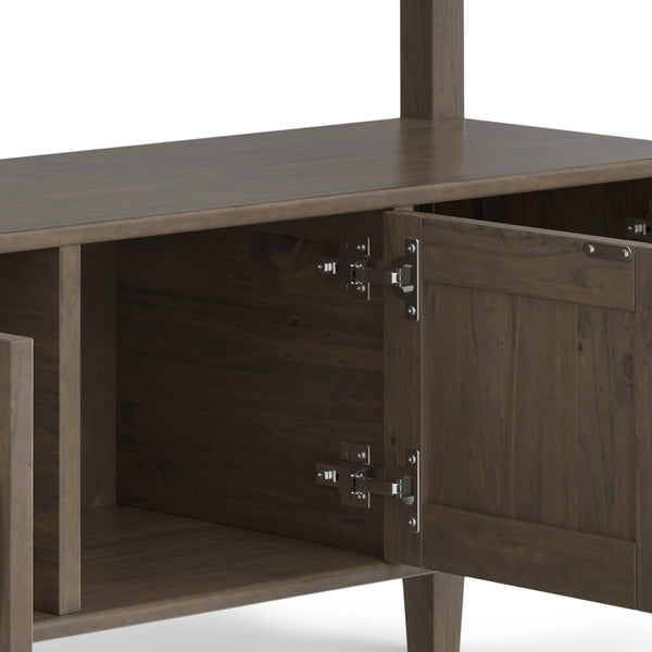 English Elm Lev Smoky Brown Console Table with 3 Doors, Open Shelf & Brushed Bronze Handles — Solid Wood Transitional Design B136P158815