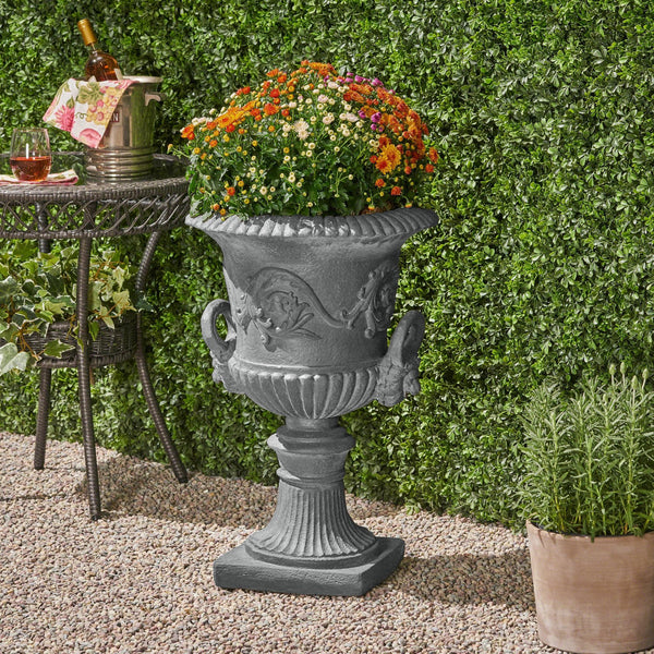 English Elm Mgo Roman Urn Planter Faux Stone Botanical Relief Pedestal Base Outdoor Patio 63402.00GRY