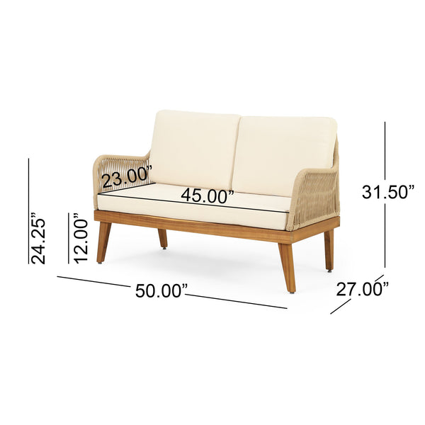 English Elm Christopher Knight Home® - Outdoor Teak Acacia 4-Piece Chat Set with Rope Weave, Water-Resistant Cushions, Loveseat & 2 Chairs 73424.00LBGE