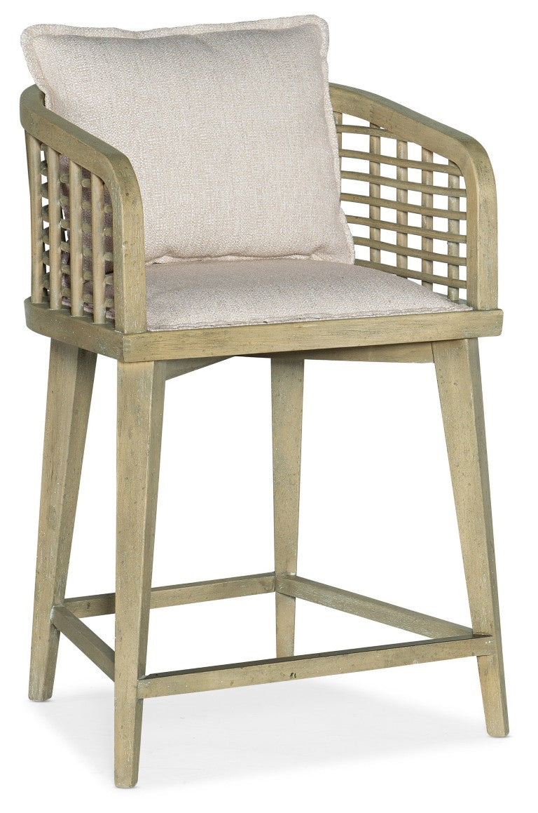 Hooker Furniture Surfrider Barrel Back Swivel Counter Stool With Cane Lattice, Zuri Cream Upholstery, Copper Footrest Light Brown 6015-75350-80