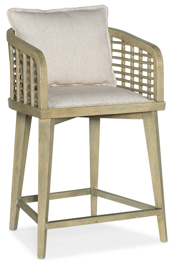 Hooker Furniture Surfrider Barrel Back Swivel Counter Stool With Cane Lattice, Zuri Cream Upholstery, Copper Footrest Light Brown 6015-75350-80