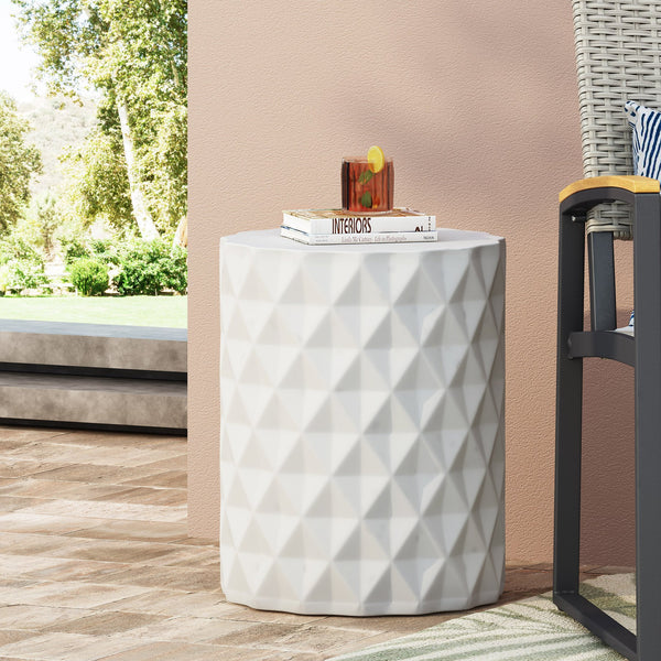 English Elm Outdoor Sculptural Concrete Side Table with Diamond Relief Pattern for Patio or Balcony 73431.00