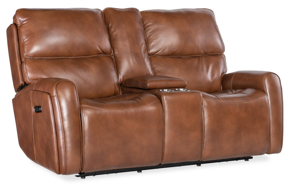 Hooker Furniture Crosby Zero Gravity Power Console Loveseat In Giotto Leather With Usb, Lift-Top Storage, Lumbar Adjustments Brown SS741-PHZL2C-080