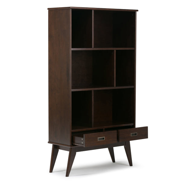 English Elm Draper Mid-Century Wide Bookcase & Storage Unit - Stylish Solid Rubberwood In Medium Auburn Brown B136P158159
