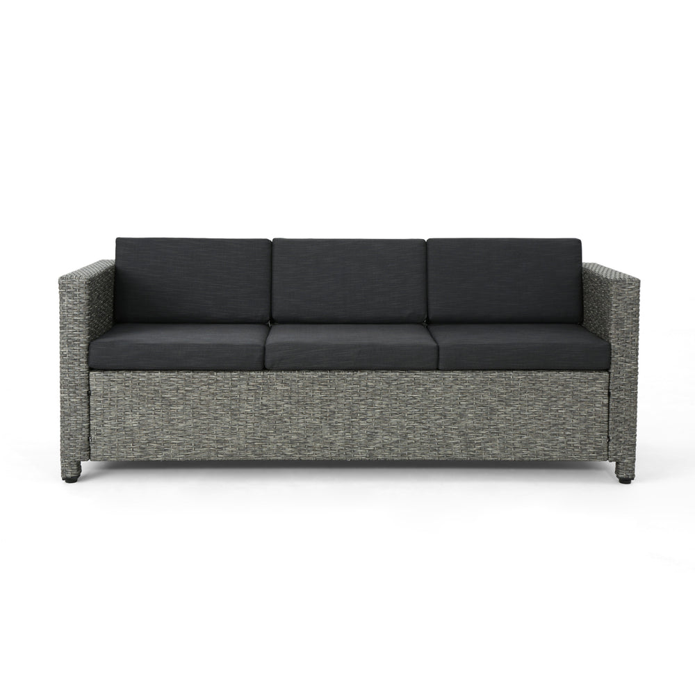 English Elm Christopher Knight Home® - PUERTA Outdoor 3-Seater Sofa with Weather-Resistant Cushions, Woven PE Rattan, Iron Frame, Modern Design 62979.00BLK
