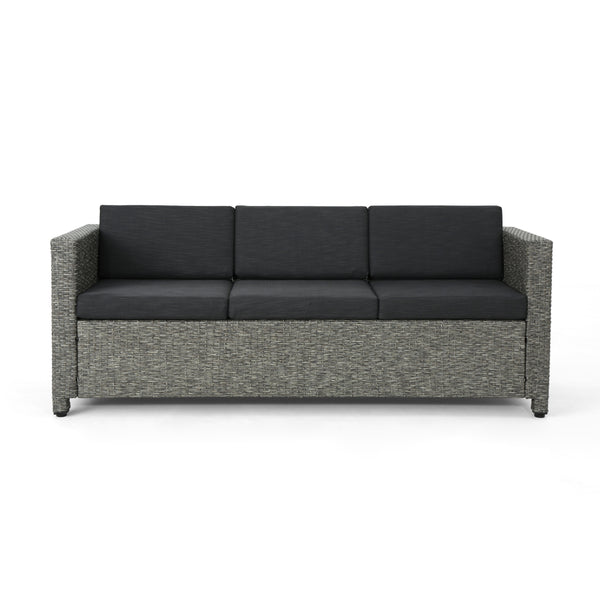 English Elm Christopher Knight Home® - PUERTA Outdoor 3-Seater Sofa with Weather-Resistant Cushions, Woven PE Rattan, Iron Frame, Modern Design 62979.00BLK