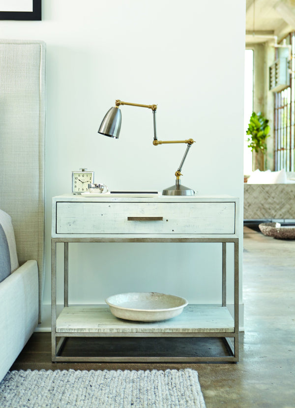 Bernhardt Bernhardt Alvar Nightstand Brushed White Finish With Distressed Pine, Glazed Silver Steel Base, Drawer 398218W