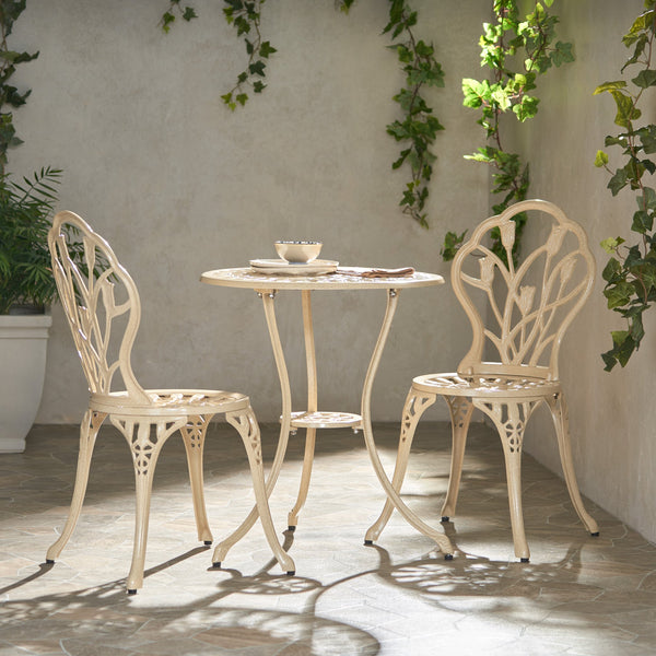 English Elm Nassau Cast Aluminum Outdoor Bistro Set Tulip Motif European Garden Cafe for Two 24360.00SAD