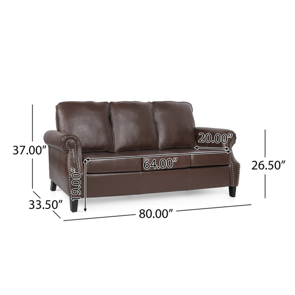 English Elm 3 Seater Pu Leather Sofa with Nailhead Trim Tapered Birch Legs for Modern Living 71405.00PUDBRN