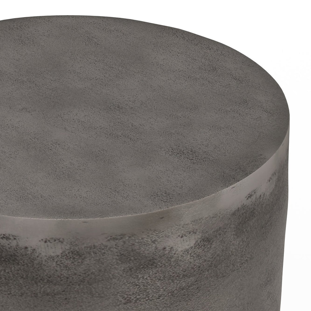 English Elm Morris Handcrafted Metal Accent Table Antique Silver Drum Shape End Side Table 16.5" x 20" B136P159004