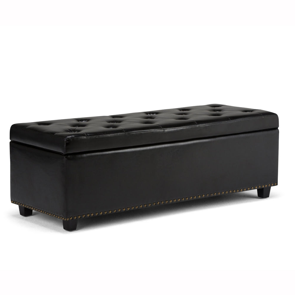 English Elm Hamilton Storage Ottoman: Stylish Midnight Black Vegan Leather With Hidden Storage & Seating Solution B136P158171
