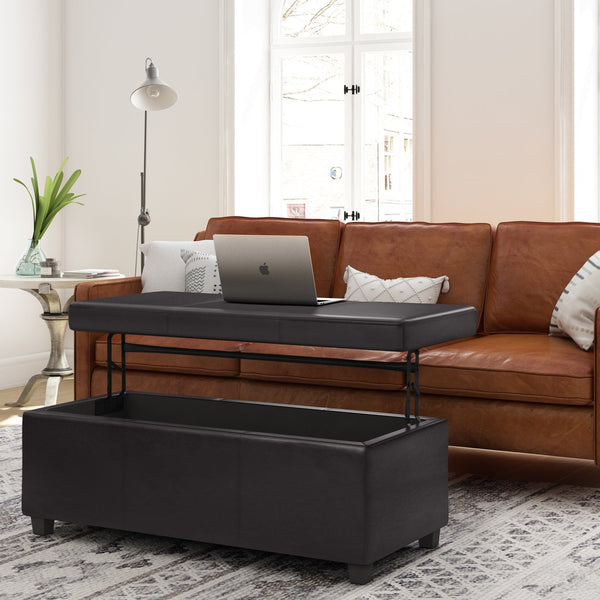 English Elm Avalon Lift Top Rectangular Ottoman - Tanners Brown Vegan Leather With Hidden Storage & Style B136P158648