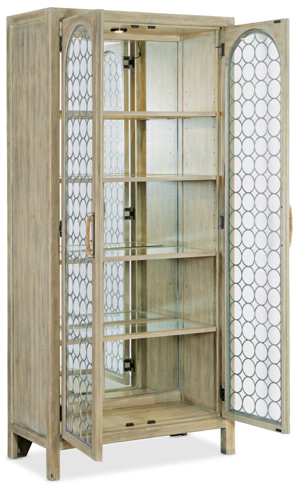 Hooker Furniture Surfrider Coastal Display Cabinet With Driftwood Pecan Veneer, Antique Mirror Back & Led Lighting 6015-75906-80