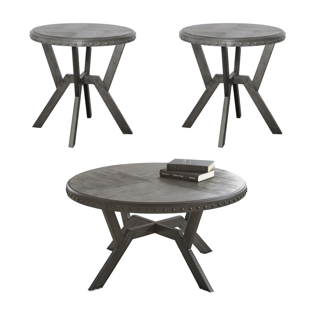English Elm Steve Silver - Alamo Gray 3-Piece Table Set with Geometric Metal Base, Rivet Rim & Wood Tops — Industrial Chic B081S00356