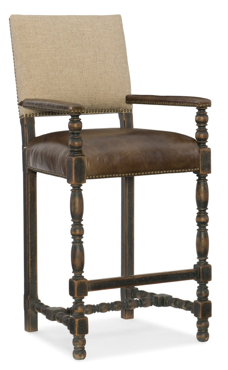Hooker Furniture Comfort Barstool With Aniline Top-Grain Leather Seat, Woven Back, Solid Wood Frame, Vintage Charm 5960-20360-BLK