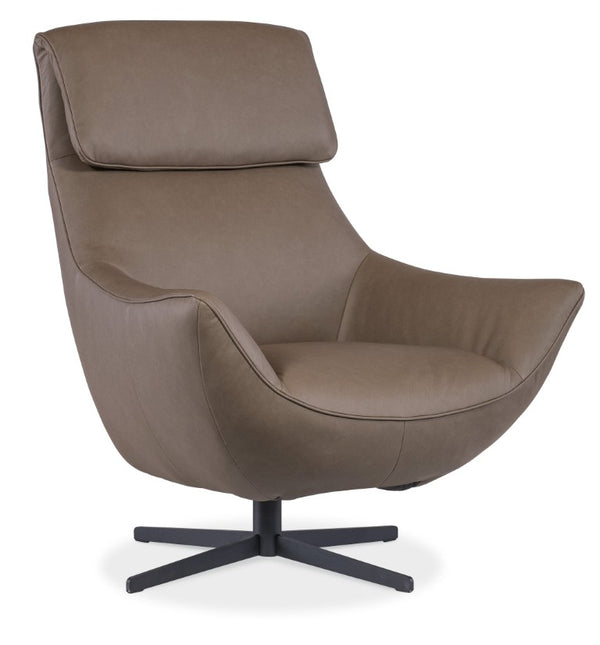 Hooker Furniture Hughes Swivel Chair With Top-Grain Semi-Aniline Leather, Bustle Back, Flared Arms, 360° Metal Base Brown CC733-SW-075
