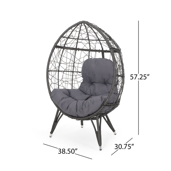 English Elm Christopher Knight Home® - GIANNI Teardrop Wicker Outdoor Chair with Water-Resistant Cushion, Handcrafted Faux Rattan Iron Frame Comfort Gray 65645.00GDGRY