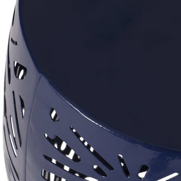 English Elm Metal Cylindrical Accent Table Powder Coated Iron with Tropical Palm Leaf Lattice Design Navy Blue 73613.00NBLU