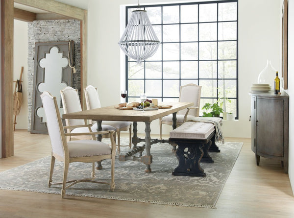 Hooker Furniture Ciao Farmhouse Trestle Dining Table 84" Expandable To 120" With Two 18" Leaves, Distressed Gray Natural Top 5805-75200-85