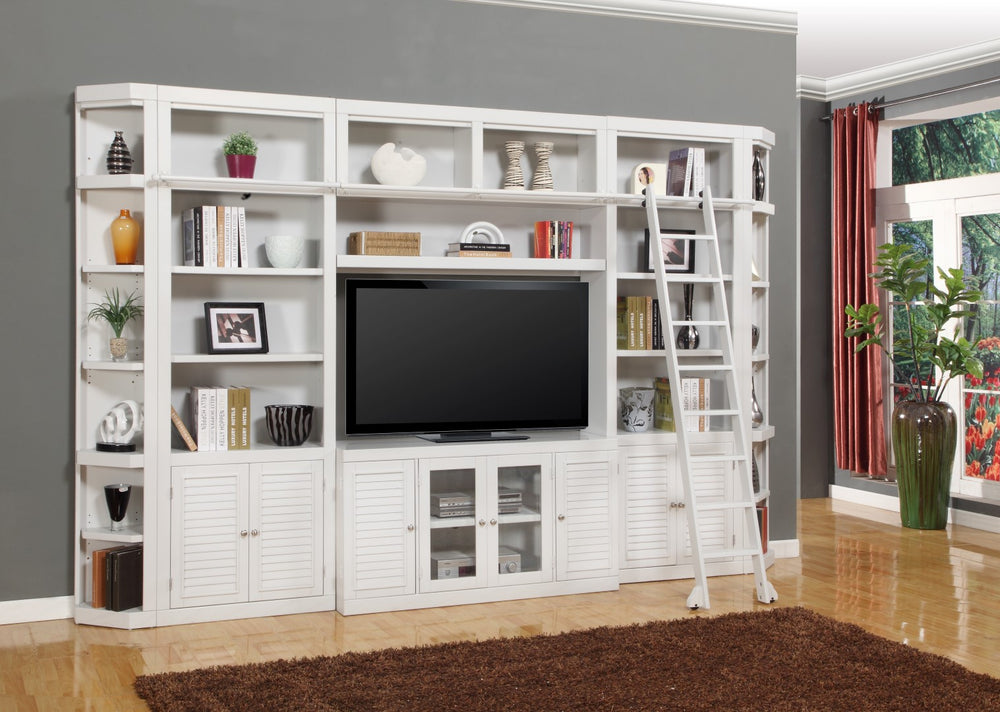 Boca 7 Piece Entertainment Wall with Corner Bookcases Cottage White BOC-7PC-ENT-RNDWALL Parker House