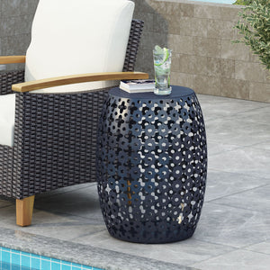 English Elm Metal Barrel End Table Powder Coated Iron Geometric Cut Indoor Outdoor Accent 73609.00NBLU