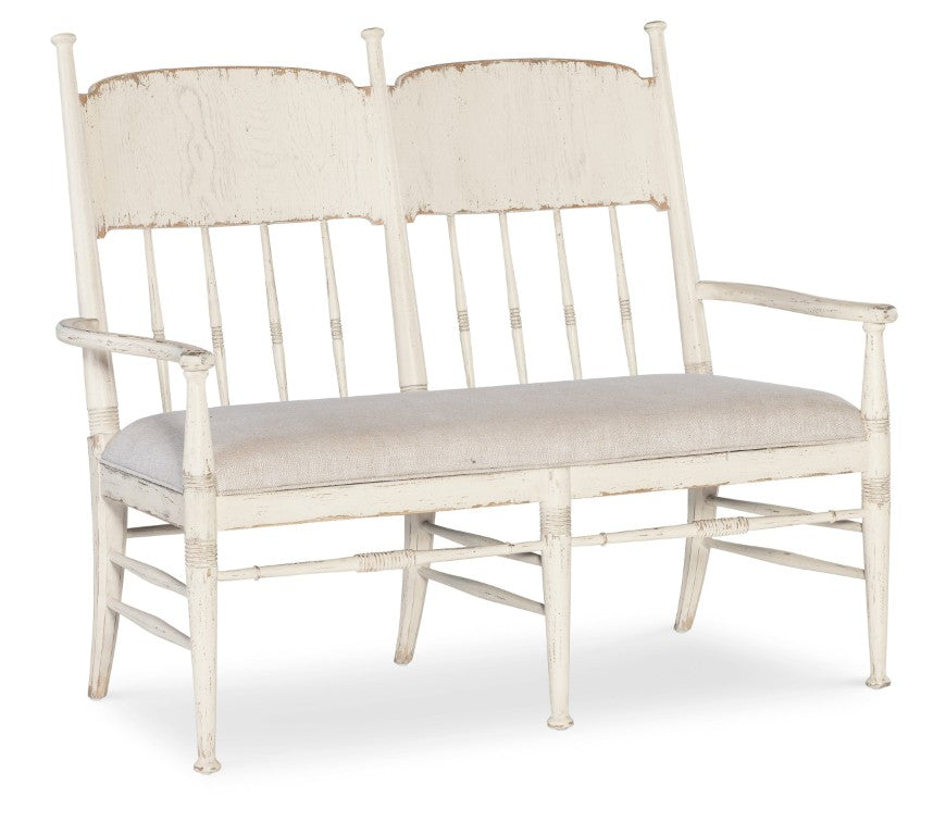 Hooker Furniture Americana Farmhouse Dining Bench With Distressed White Oak Finish, Spindle Back And Linen-Look Seat For Durable Comfort 27.00 L x 50.00W x 42.25H 7050-75019-02