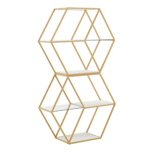 Homelegance By Top-Line Parveen Hexagon Wood and Glass 4-Shelf Modular Bookcase Gold Iron