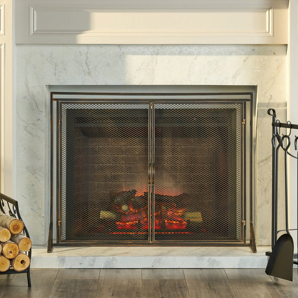English Elm Christopher Knight Home® - FIREPLACE Samantha Iron Screen with Matte Finish, Handcrafted Mesh Guard, Dual Doors & Sleek Frame Black+Gold 67721.00BBGLD