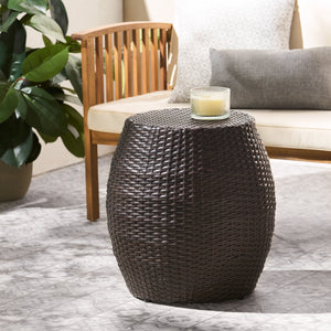 English Elm Outdoor Wicker Bombe Side Table Sculptural Iron Frame Weather Resistant Patio Accent Brown Multi 60746.00MBN