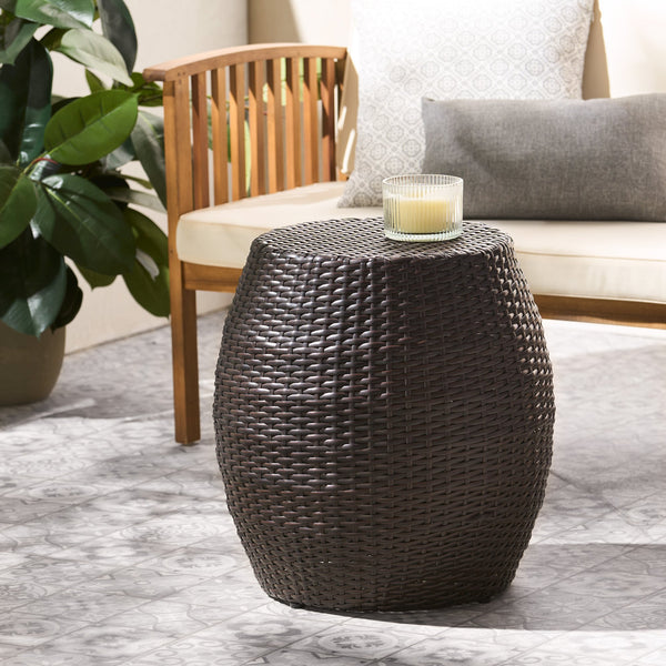 English Elm Outdoor Wicker Bombe Side Table Sculptural Iron Frame Weather Resistant Patio Accent Brown Multi 60746.00MBN