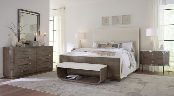 Hooker Furniture Modern Mood King Upholstered Panel Bed With Inverness Natural Fabric, Quartered Oak Trim & Metal Accents Medium Brown 6850-90966-89