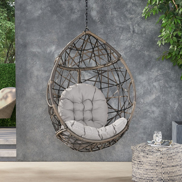 English Elm Marlin Wicker Hanging Egg Chair Teardrop Cocoon Seat for Patio or Sunroom 54672.00BSKGRY-62075.00HNGBLK