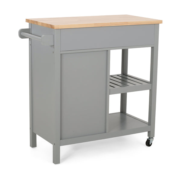 English Elm Christopher Knight Home® - Kitchen Island Cart with Rubberwood Top, Grey Mobile Kitchen Cart on Wheels with Cabinet, Hooks and Drawers 67755.00NATGRY