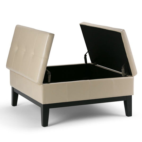 English Elm Dover - Elegant Square Storage Ottoman Coffee Table In Satin Cream Vegan Leather With Tufted Top B136P159050