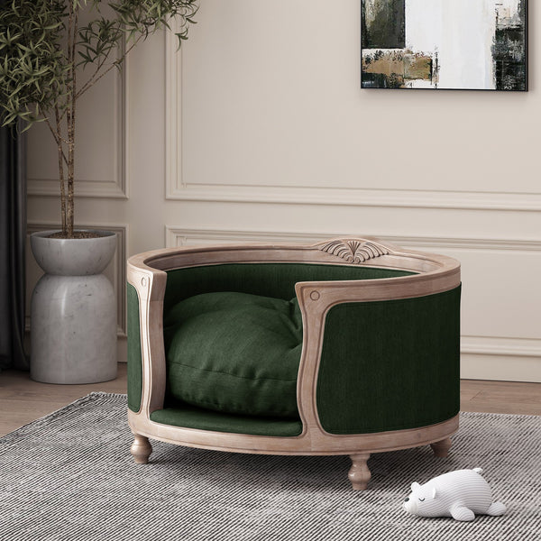English Elm Pet Bed with Tufted Cushion Solid Birch Turned Legs Upholstered Living Room Sofa Style Old Pine 72913.00PINE