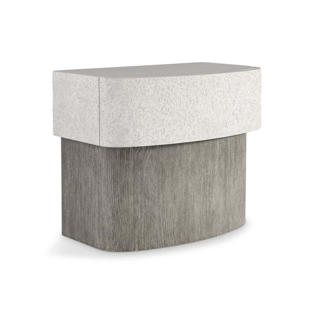 Bernhardt Monolith Sculptural Nightstand with Faux Stone Top, Wire‑Brushed Oak Base & Soft‑Close Drawer (94 chars) 343219