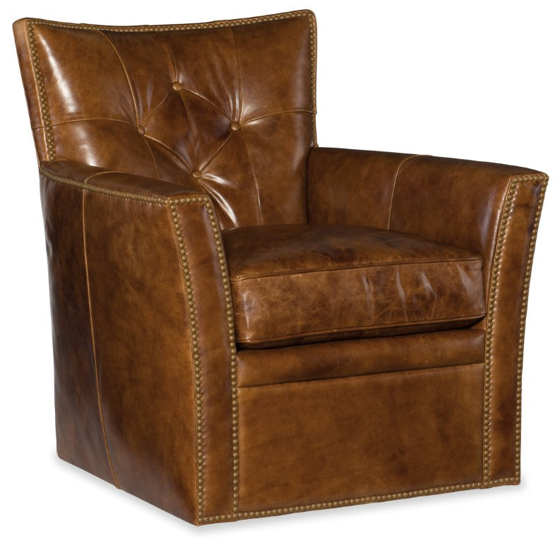 Hooker Furniture Conner Hand-Wiped Aniline Teal Leather Swivel Club Chair With Tufted Back, Nailhead Trim, 360° Movement Brown CC503-SW-087