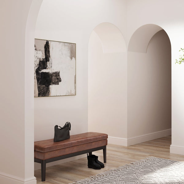 English Elm Carlson Ottoman Bench - Stylish Distressed Saddle Brown Faux Leather For Mid-Century Modern Spaces B136P159234