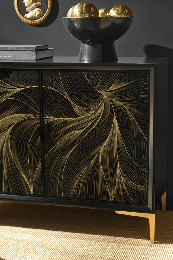 Hooker Furniture Melange Black Willow Hall Chest With Gold Motif On Glass, Maple Veneer, Soft-Close Doors, Slim Legs 628-50206-99