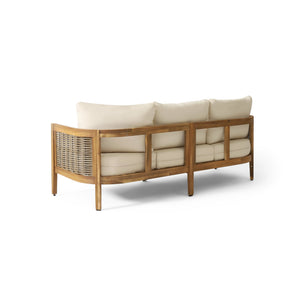 English Elm Christopher Knight Home® - 76.5'' Acacia Wood Round Wicker 3-Seater Outdoor Sofa with Teak Finish, Water-Resistant Beige Cushions 74133.00