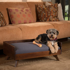 Christopher Knight Home® - Noble House - Doran Mid Century Dark Oak Finished Acacia Wood Dog Bed with Dark Grey Water Resistant Cushion