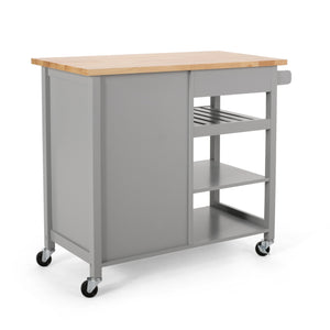 English Elm Christopher Knight Home® - Kitchen Island Cart with Solid Rubberwood Top, 41.75" Mobile Island with Drawer, Cabinet, Shelves & Wheels Grey 67756.00NATGRY