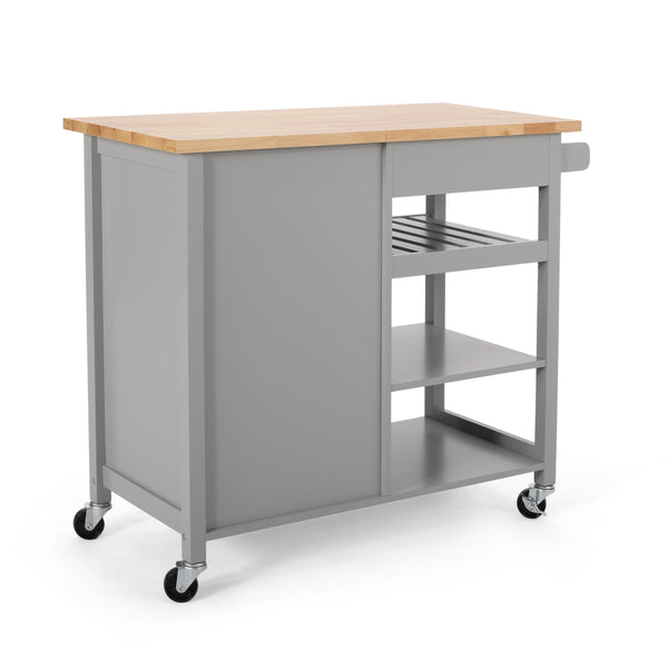 English Elm Christopher Knight Home® - Kitchen Island Cart with Solid Rubberwood Top, 41.75" Mobile Island with Drawer, Cabinet, Shelves & Wheels Grey 67756.00NATGRY