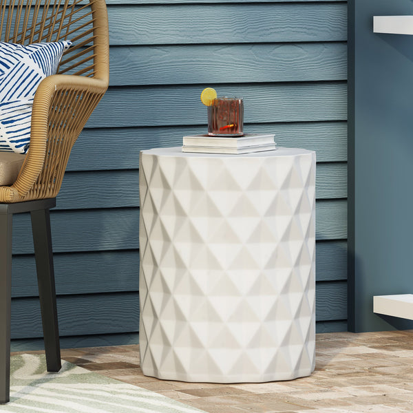 English Elm Outdoor Sculptural Concrete Side Table with Diamond Relief Pattern for Patio or Balcony 73431.00