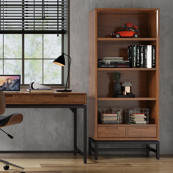English Elm Banting Mid-Century Bookcase - Stylish Walnut Veneer With Adjustable Shelves & Industrial Frame B136P158467