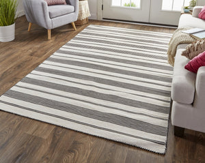 Feizy Rugs Duprine Eco-friendly Hand-woven Indoor Rug - Stylish Nautical Design With Classic Pin Stripes Black,White,Ivory Pet,Polyester 7220560fblk000p00